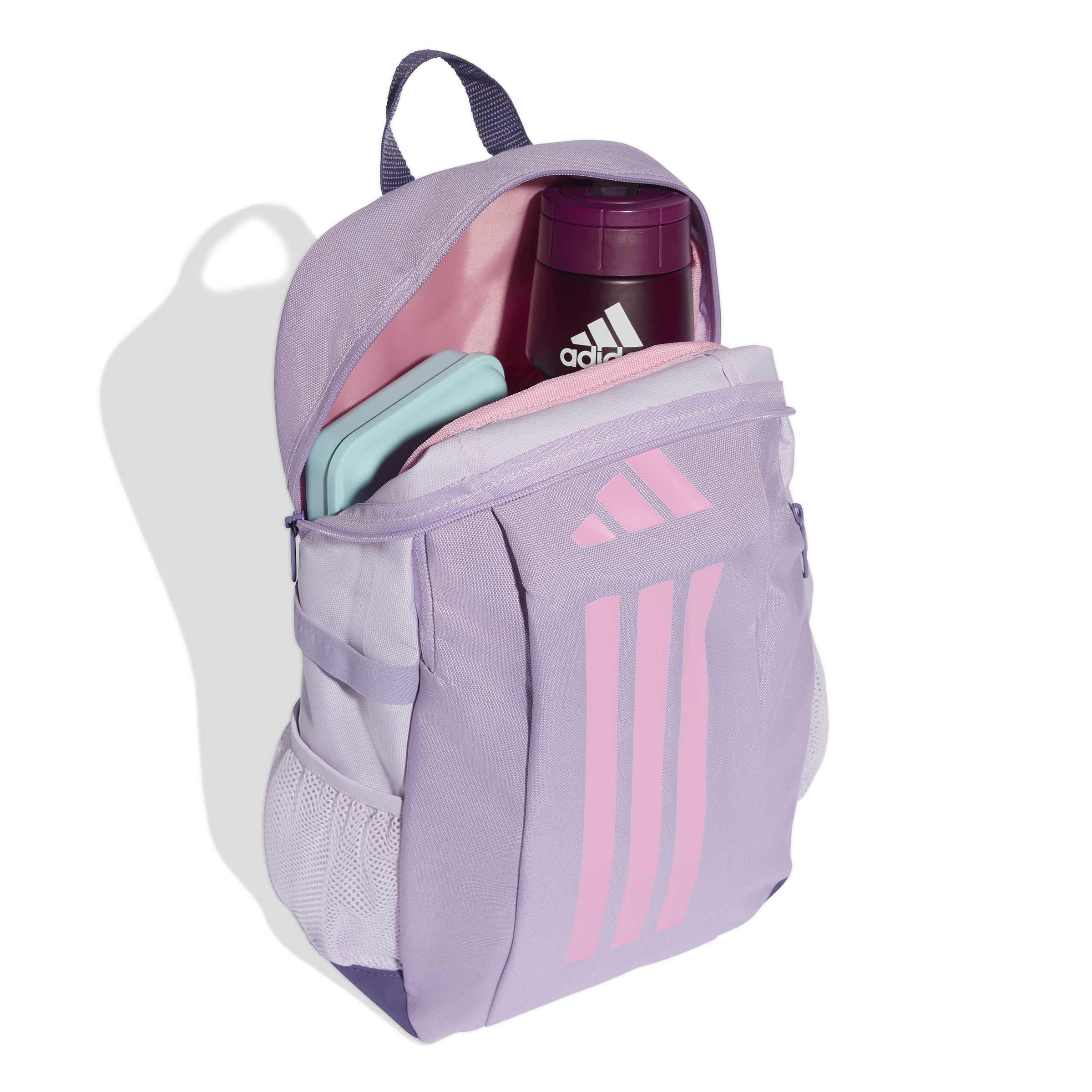 Mochila Adidas roxa aberta mostrando compartimentos internos